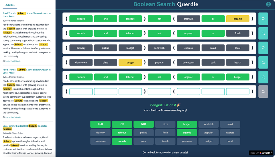 shows a Wordle-like game with search fields and Boolean queries